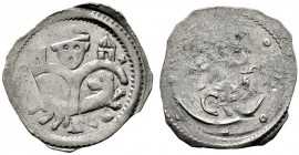 Passau, Bistum. Ulrich von Andechs bis Gebhard von Plain 1215-1221-1232. Pfennig um 1215/30. Über Doppel­bogen mitrierter Kopf zwischen zwei Türmchen,...