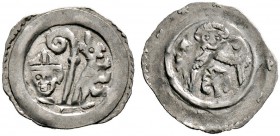 Passau, Bistum. Gebhard von Plain bis Rudiger von Bergheim 1222-1232-1250. Pfennig ca. 1220-1240. Mitrierter Kopf von vorn neben Krummstab und steigen...