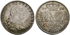 Pfalz-Kurlinie. Karl Theodor 1742-1799. 1/2 Konventionstaler 1765 -Mannheim-. Slg. Memm. 2494, Haas 101.
 sehr schön