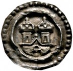 Ravensburg, königliche Münzstätte. Brakteat um 1286. Zweitürmiges Torgebäude. Auf einem Unterbau mit Spitzbogenportal und Spitzgiebel erheben sich zwe...