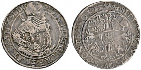 Schlesien-Jägerndorf. Georg Friedrich von Brandenburg 1543-1603. Taler 1596 -Jägerndorf-. Münzmeister Gregor und Leonhard Emich. Geharnischtes Hüftbil...