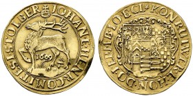 Stolberg-Stolberg. Johann und Heinrich XXII. 1607-1612. Goldgulden 1609 -Stolberg-. Münzmeister Andreas Lafferts. Zehnendiger Hirsch auf grasbewachsen...