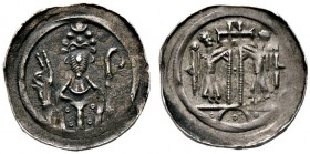 Straßburg, Bistum. Rudolf 1162-1179. Pfennig. Bischöfliches Brustbild von vorn, die Rechte hält einen Krummstab, von links schwebt ein Engel hervor, d...