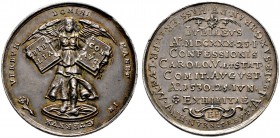 Straßburg, Stadt. Silbermedaille 1630 von Friedrich Fecher, auf die 100-Jahrfeier der Augsburger Konfession. Auf einem runden Podest mit Palmzweig ein...