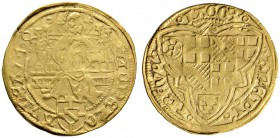Trier, Erzbistum. Jakob von Baden 1503-1511. Goldgulden 1504 -Koblenz-. In einem doppelten Spitzdreipass der quadrierte Schild Trier-Baden, in den Win...