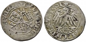 Ulm-Überlingen-Ravensburg. Plappart 1501. Drei Stadtschilde in Kleeblattstellung / Nach links blickender Reichsadler über Ulmer Schild. Nau 15, Lebek ...
