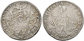 Württemberg. Friedrich I. 1593-1608. 1/2 Ausbeutetaler 1606 -Christophstal- .Das dreifach behelmte Wappen / Der heilige Christophorus mit Adlerschild ...