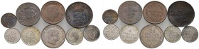 9 Stücke: Schwalbach-Kleinmünzen in prächtiger Erhaltung. BADEN, Kupferkreuzer 1852 und Gedenkkreuzer 1871 Friedensfeier; BAYERN, Kupferheller 1816; F...