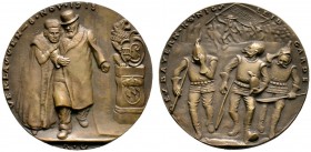 Medailleure. Gies, Ludwig (1887-1966). Bronzegussmedaille 1918. Auf "des Bayernkönigs Leibgarde". Das bayerische Königspaar verläßt das Schloss als Re...