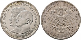 Silbermünzen des Kaiserreiches. ANHALT. Friedrich II. 1904-1918. 5 Mark 1914 A. Silberhochzeit. J. 25.
 kleine Kratzer und Randfehler, vorzüglich