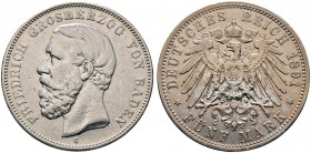 Silbermünzen des Kaiserreiches. BADEN. Friedrich I. 1852-1907. 5 Mark 1891 G. Ohne Querstrich im A von BADEN. J. 29F.
 selten, minimale Randfehler, f...