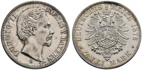 Silbermünzen des Kaiserreiches. BAYERN. Ludwig II. 1864-1886. 2 Mark 1876 D. J. 41.
 leichte Tönung, vorzüglich/vorzüglich-Stempelglanz