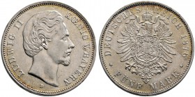 Silbermünzen des Kaiserreiches. BAYERN. Ludwig II. 1864-1886. 5 Mark 1876 D. J. 42.
 leichte Tönung, sehr schön-vorzüglich