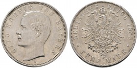 Silbermünzen des Kaiserreiches. BAYERN. Otto 1888-1913. 5 Mark 1888 D. J. 44.
 selten in dieser Erhaltung, winzige Kratzer, vorzüglich-Stempelglanz
