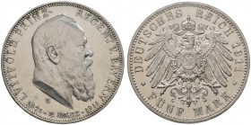 Silbermünzen des Kaiserreiches. BAYERN. Luitpold, Prinzregent 1911. 5 Mark 1911 D. 90. Geburtstag. J. 50.
 Polierte Platte
