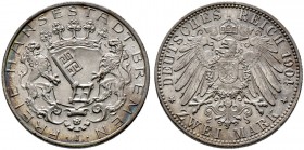 Silbermünzen des Kaiserreiches. BREMEN. 2 Mark 1904 J. J. 59.
 feine Patina, fast Stempelglanz
