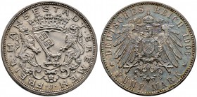 Silbermünzen des Kaiserreiches. BREMEN. 5 Mark 1906 J. J. 60.
 feine Patina, minimale Randfehler, vorzüglich