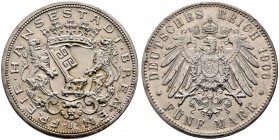 Silbermünzen des Kaiserreiches. BREMEN. 5 Mark 1906 J. J. 60.
 kleine Randfehler, fast vorzüglich