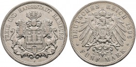 Silbermünzen des Kaiserreiches. HAMBURG. 5 Mark 1896 J. J. 65.
 sehr seltener Jahrgang, minimale Randfehler, fast sehr schön