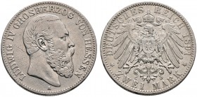 Silbermünzen des Kaiserreiches. HESSEN. Ludwig IV. 1877-1892. 2 Mark 1891 A. J. 70.
 selten, fast sehr schön