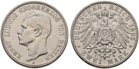 Silbermünzen des Kaiserreiches. HESSEN. Ernst Ludwig 1892-1918. 2 Mark 1895 A. J. 72.
 minimale Randfehler, sehr schön