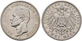 Silbermünzen des Kaiserreiches. HESSEN. Ernst Ludwig 1892-1918. 2 Mark 1898 A. J. 72.
 minimale Kratzer, sehr schön
