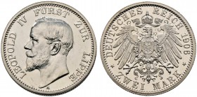 Silbermünzen des Kaiserreiches. LIPPE. Leopold IV. 1905-1918. 2 Mark 1906 A. J. 78.
 Polierte Platte