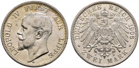 Silbermünzen des Kaiserreiches. LIPPE. Leopold IV. 1905-1918. 2 Mark 1906 A. J. 78.
 leichte Tönung, winzige Kratzer, fast Stempelglanz/Stempelglanz...