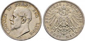 Silbermünzen des Kaiserreiches. LIPPE. Leopold IV. 1905-1918. 3 Mark 1913 A. J. 79.
 feine Patina, kleine Randfehler, sehr schön-vorzüglich