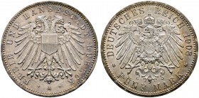 Silbermünzen des Kaiserreiches. LÜBECK. 5 Mark 1908 A. J. 83.
 leichte Tönung, minimale Kratzer, kleine Randfehler, vorzüglich