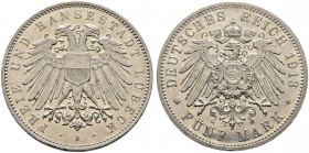 Silbermünzen des Kaiserreiches. LÜBECK. 5 Mark 1913 A. J. 83.
 minimale Randfehler und Kratzer, vorzüglich-Stempelglanz aus Polierte Platte