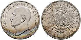 Silbermünzen des Kaiserreiches. MECKLENBURG-STRELITZ. Adolf Friedrich V. 1904-1914. 3 Mark 1913 A. 65. Geburtstag. J. 92.
 sehr selten in dieser Erha...