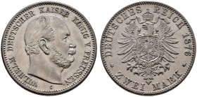 Silbermünzen des Kaiserreiches. PREUSSEN. Wilhelm I. 1861-1888. 2 Mark 1876 C. J. 96.
 leichte Tönung, winziger Randfehler, vorzüglich-Stempelglanz...