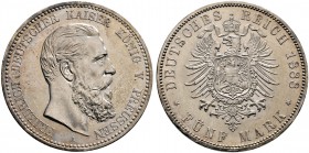 Silbermünzen des Kaiserreiches. PREUSSEN. Friedrich III. 1888. 5 Mark 1888 A. J. 99.
 leichte Tönung, winzige Randunebenheiten, fast Stempelglanz