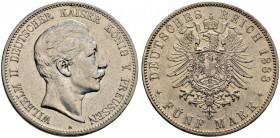 Silbermünzen des Kaiserreiches. PREUSSEN. Wilhelm II. 1888-1918. 5 Mark 1888 A. J. 101.
 minimale Kratzer, sehr schön/sehr schön-vorzüglich