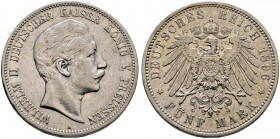 Silbermünzen des Kaiserreiches. PREUSSEN. Wilhelm II. 1888-1918. 5 Mark 1896 A. J. 104.
 der seltenste Jahrgang, minimale Randfehler, sehr schön