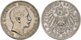 Silbermünzen des Kaiserreiches. PREUSSEN. Wilhelm II. 1888-1918. 5 Mark 1900 A. J. 104.
 feine Patina, minimale Kratzer und Randfehler, vorzüglich-St...