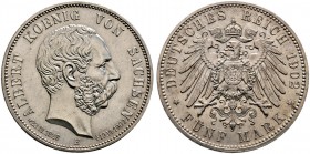 Silbermünzen des Kaiserreiches. SACHSEN. Albert 1873-1902. 5 Mark 1902 E. Auf seinen Tod. J. 128.
 leichte Patina, vorzüglich-Stempelglanz