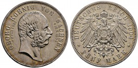 Silbermünzen des Kaiserreiches. SACHSEN. Georg 1902-1904. 5 Mark 1904 E. Auf seinen Tod. J. 133.
 leichte Tönung, fast Stempelglanz