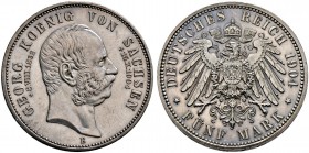 Silbermünzen des Kaiserreiches. SACHSEN. Georg 1902-1904. 5 Mark 1904 E. Auf seinen Tod. J. 133.
 leichte Tönung, winzige Kratzer, vorzüglich-Stempel...