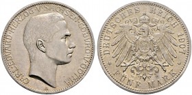 Silbermünzen des Kaiserreiches. SACHSEN-COBURG-GOTHA. 5 Mark 1907 A. J. 148.
 selten in dieser Erhaltung, minimale Kratzer auf dem Avers, vorzüglich-...