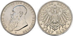 Silbermünzen des Kaiserreiches. SACHSEN-MEININGEN. Georg II. 1866-1915. 5 Mark 1908 D. Bart berührt Perlkreis nicht. J. 153b.
 leichter Kratzer auf d...