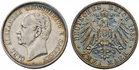 Silbermünzen des Kaiserreiches. SACHSEN-WEIMAR-EISENACH. Carl Alexander 1853-1901. 2 Mark 1898 A. 80. Geburtstag. J. 156.
 feine Patina, sehr schön