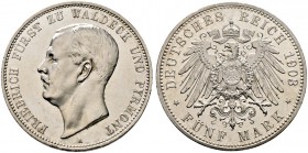 Silbermünzen des Kaiserreiches. WALDECK-PYRMONT. Friedrich 1893-1918. 5 Mark 1903 A. J. 171.
 seltenes Prachtexemplar, minimale Kratzer und Randunebe...