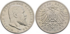 Silbermünzen des Kaiserreiches. WÜRTTEMBERG. Wilhelm II. 1891-1918. 5 Mark 1894 F. J. 176.
 sehr seltener Jahrgang, Rand leicht bearbeitet, kleine Ra...