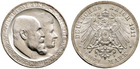 Silbermünzen des Kaiserreiches. WÜRTTEMBERG. Wilhelm II. 1891-1918. 3 Mark 1911 F. Silberhochzeit. Hohes H. J. 177b.
 Prachtexemplar, fast Stempelgla...