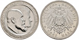 Silbermünzen des Kaiserreiches. WÜRTTEMBERG. Wilhelm II. 1891-1918. 3 Mark 1911 F. Silberhochzeit. Hohes H. J. 177b.
 minimaler Randfehler, vorzüglic...