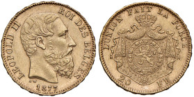 BELGIO Leopoldo II (1865-1909) 20 Franchi 1877 - Varesi 234 AU
M.di SPL
