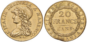 ITALIA Repubblica Subalpina (1800-1802) 20 Franchi an. 9 - Gig. 1a AU (g 6,39) R Da montatura Ex mount.
BB-SPL