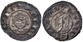 MESSINA Enrico VI e Federico II (1196-1197) Denaro - Biaggi 436 MI (g 0,56) RRR Con argentatura, ribattuta a rovescio ma bellissimo esemplare con un s...